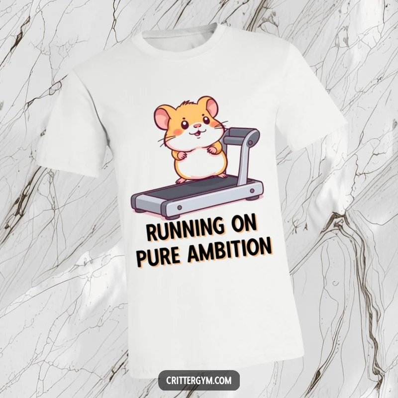 Funny, small hamster running with determination on a miniature treadmill, printed on a humorous workout t-shirt.