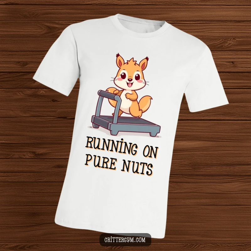 Funny Kawaii squirrel character jogging on a tiny treadmill, a humorous fitness-themed t-shirt with a cute animal.