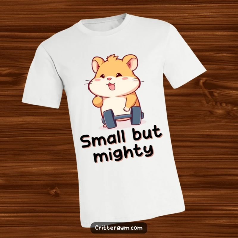 Funny energetic hamster character enthusiastically lifting a miniature dumbbell with determination, printed on a soft t-shirt.