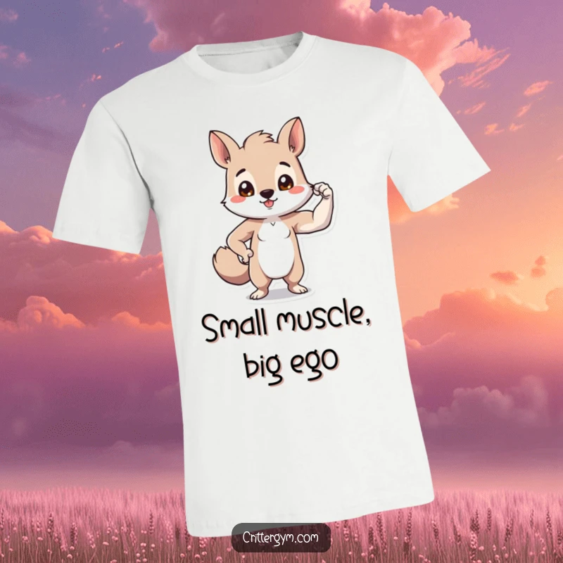 Funny tiny bicep animal t-shirt with a small critter proudly flexing a comically minuscule bicep, radiating self-assurance and comedy.