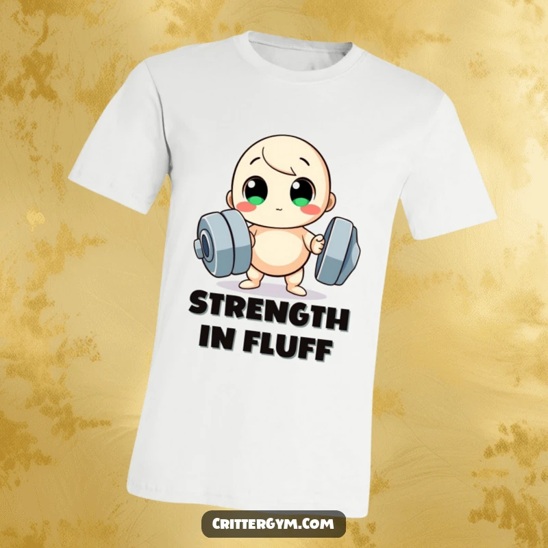 Funny t-shirt, small round character with big eyes attempting to lift an oversized dumbbell, gym humor.
