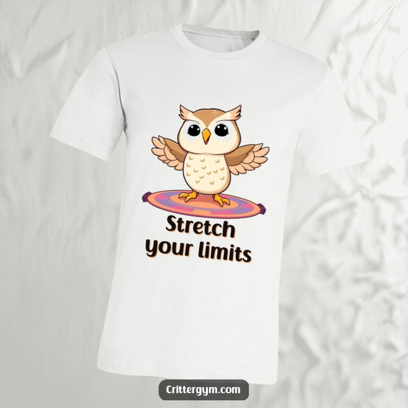 Funny owl t-shirt featuring a cheerful owl attempting a full split on a vibrant mat, eyes wide with concentration and pride.