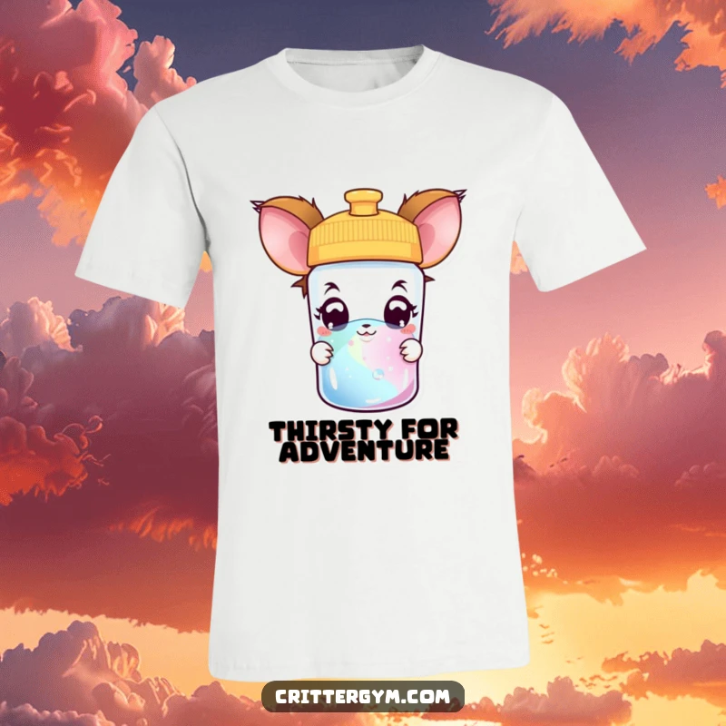 Funny creature t-shirt depicting a curious creature peeking into a colorful water bottle with wide, amazed eyes, full of wonder.