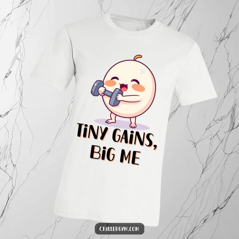 Funny T-Shirt: A cute, spherical character struggles to lift a small dumbbell, cheeks flushed, embodying humorous workout effort.