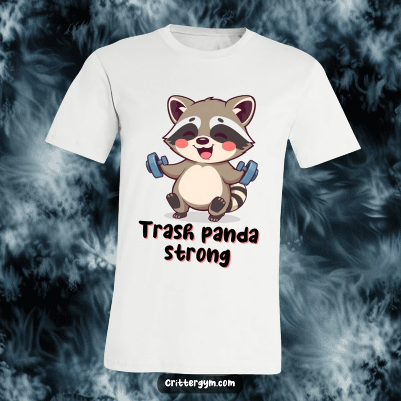 Funny Kawaii raccoon giggling while lifting small barbells on a t-shirt, embodying playful strength and humor.