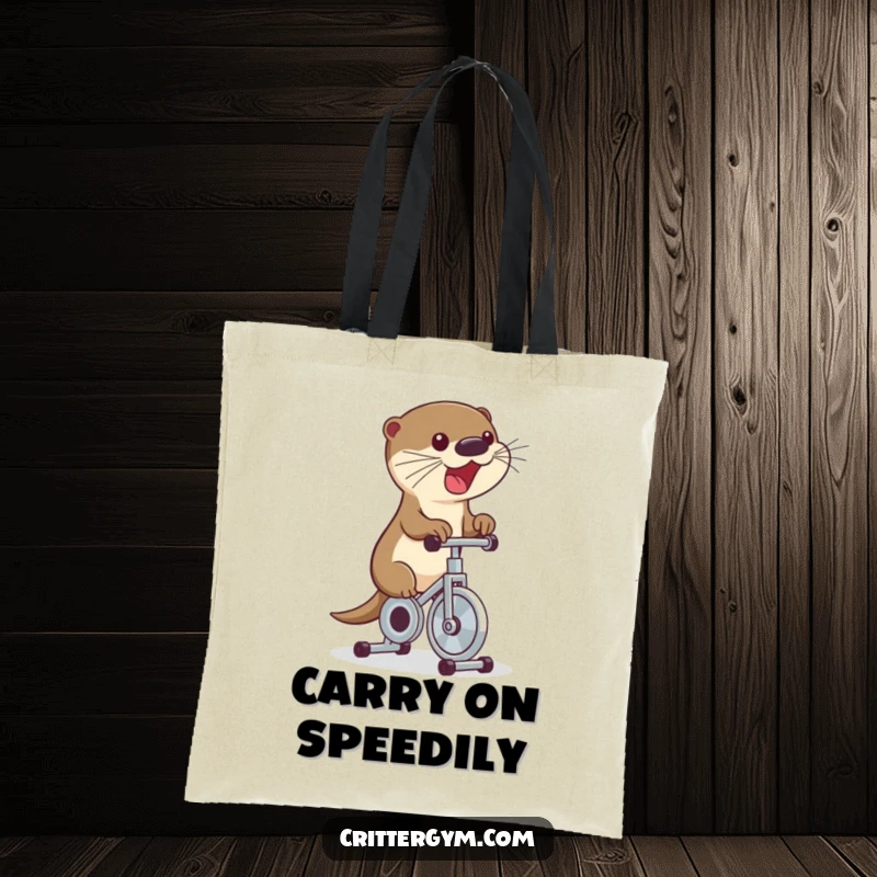 Funny tote bag featuring a cute otter excitedly straddling a tiny exercise bike, pedaling rapidly, a humorous and practical item.