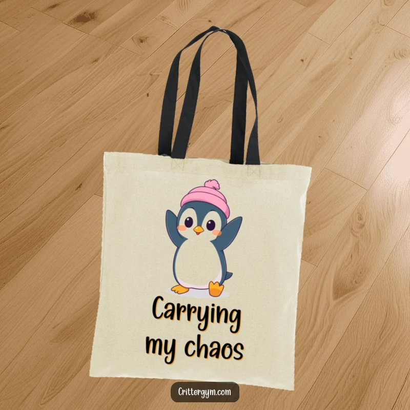 Funny tote bag with a silly penguin character attempting a handstand with surprised concentration, ideal for daily use.