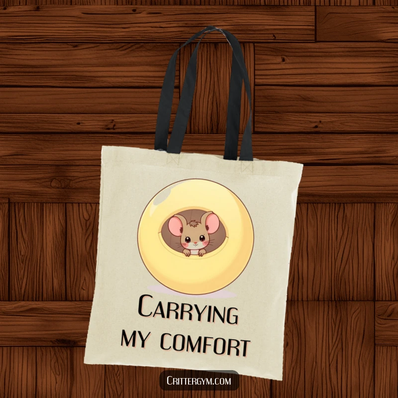 Funny curious mouse peeking from a deflated exercise ball on a durable tote bag, a funny gift.