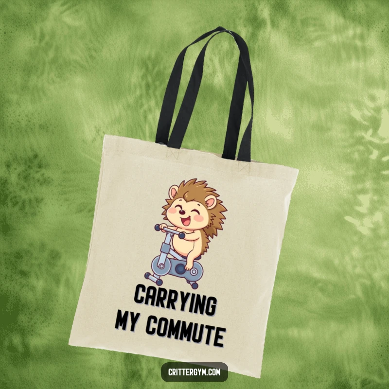 Funny hedgehog tote bag with a happy hedgehog joyfully pedaling a tiny exercise bike, perfect for carrying groceries or gym gear.