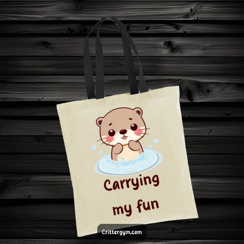 Funny Kawaii otter character splashing water in a small wading pool, a humorous and practical tote bag.