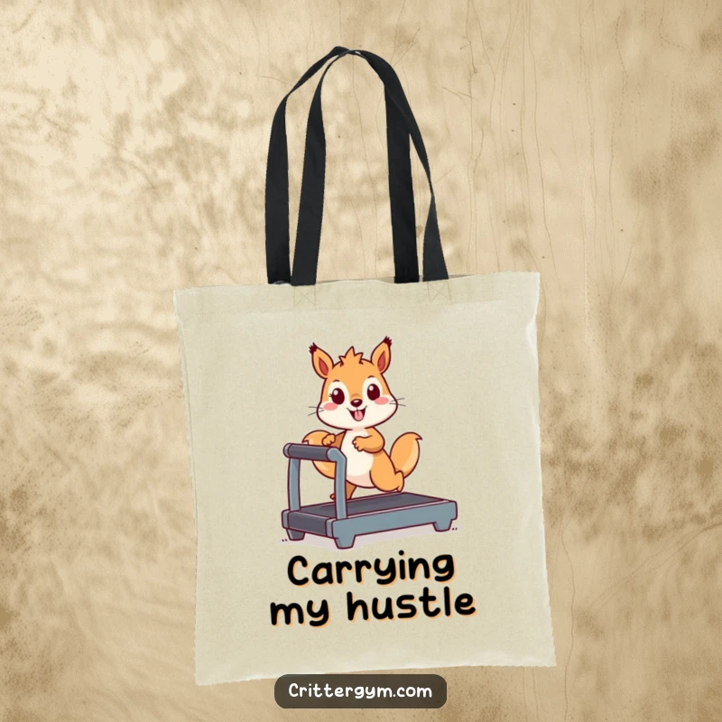 Funny Kawaii squirrel character exercising on a miniature treadmill, a practical and humorous tote bag for everyday use.