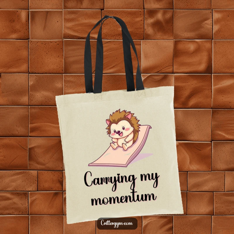 Funny happy hedgehog rolling down a slippery slide on a gym mat on a durable tote bag, a funny gift.
