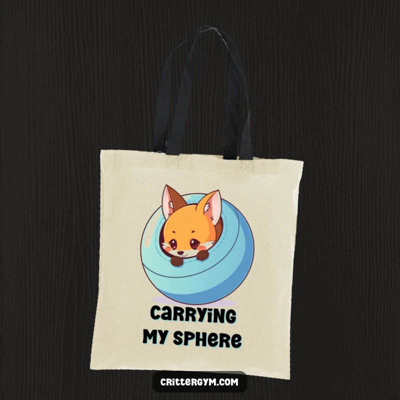 Funny canvas tote bag with a curious fox peeking from behind a large, colorful exercise ball, practical and humorous.