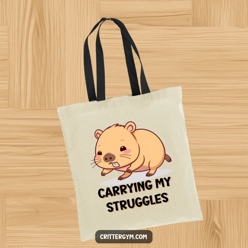 Funny kawaii capybara character doing a difficult push-up on a durable tote bag, a functional funny gift.