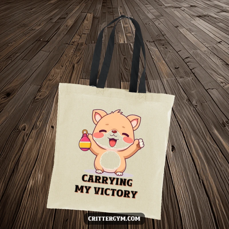 Funny Tote Bag: A cute creature cheering while holding a tiny, colorful weight with both paws.