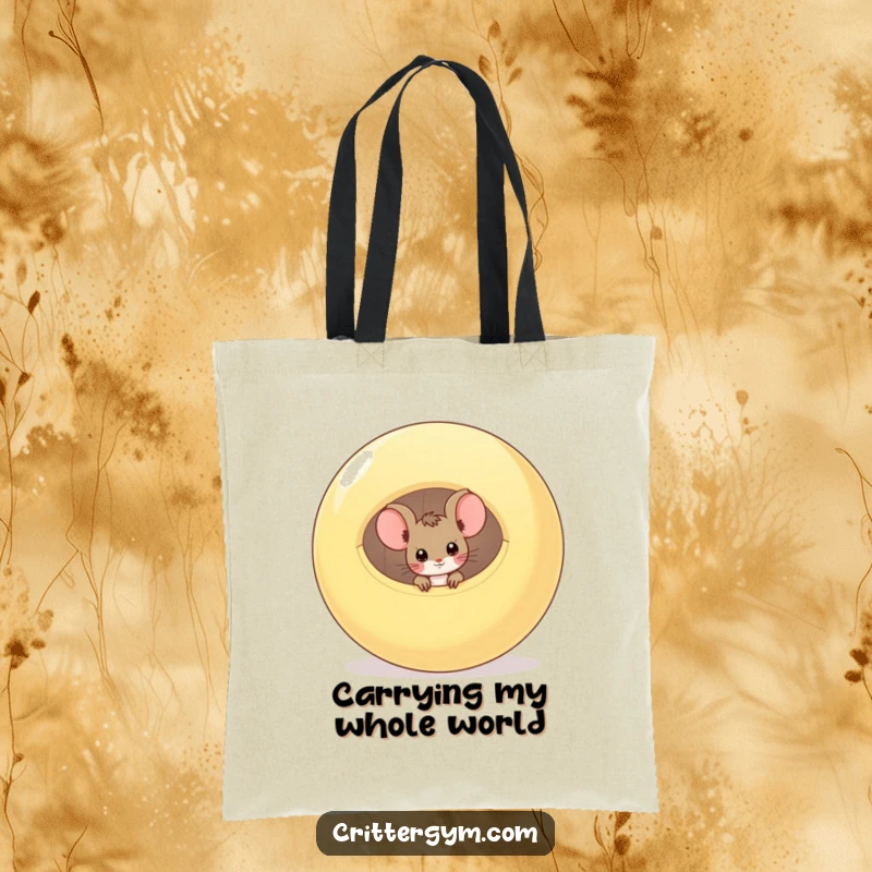 Funny tote bag featuring a curious mouse peeking from a deflated exercise ball, perfect for carrying items with playful humor.