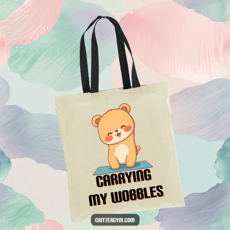 Funny bear cub attempting a handstand on a yoga mat, printed on a sturdy tote bag, a funny gift.