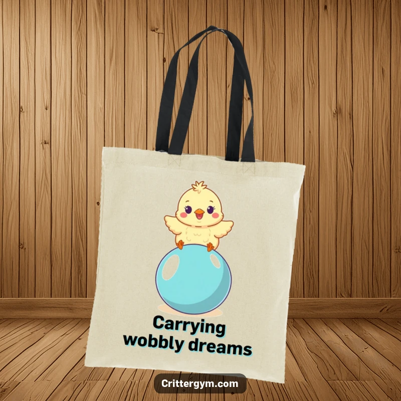 Funny small fluffy chick character wobbling on a yoga ball, on a durable tote bag, an excellent funny gift.