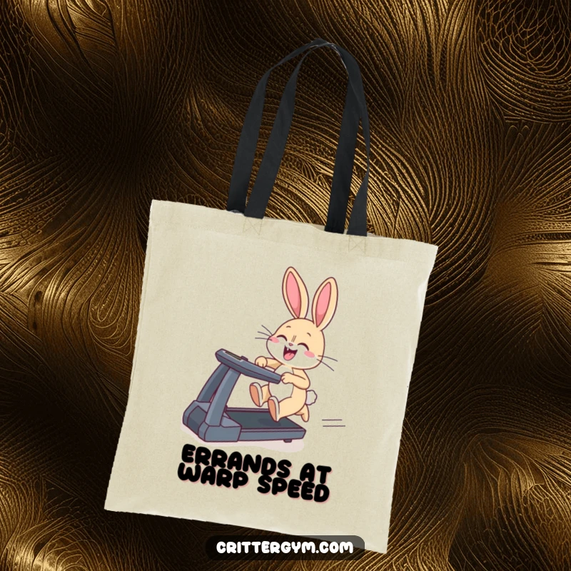 Funny tote bag featuring a giggling bunny sprinting on a treadmill, ears flapping, a humorous and practical carry-all.