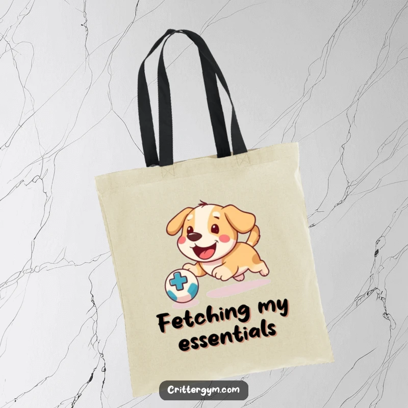 Funny Dog Medicine Ball Tote Bag: A happy dog playfully chases a ball, ideal for carrying pet essentials humorously.