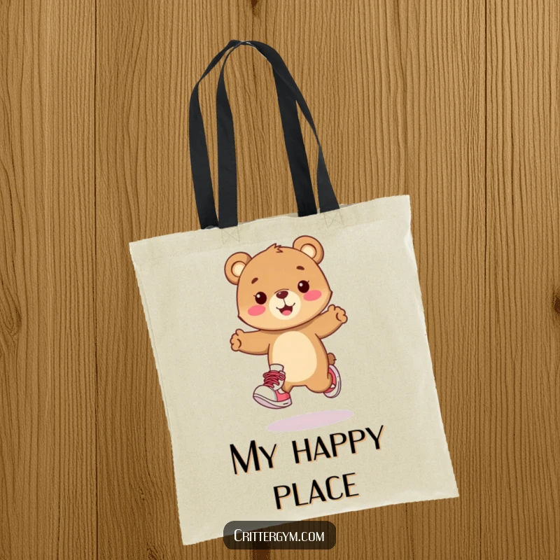 Funny tote bag with a happy bear cub character in sneakers doing a playful hop. Ideal for carrying daily items with humor.