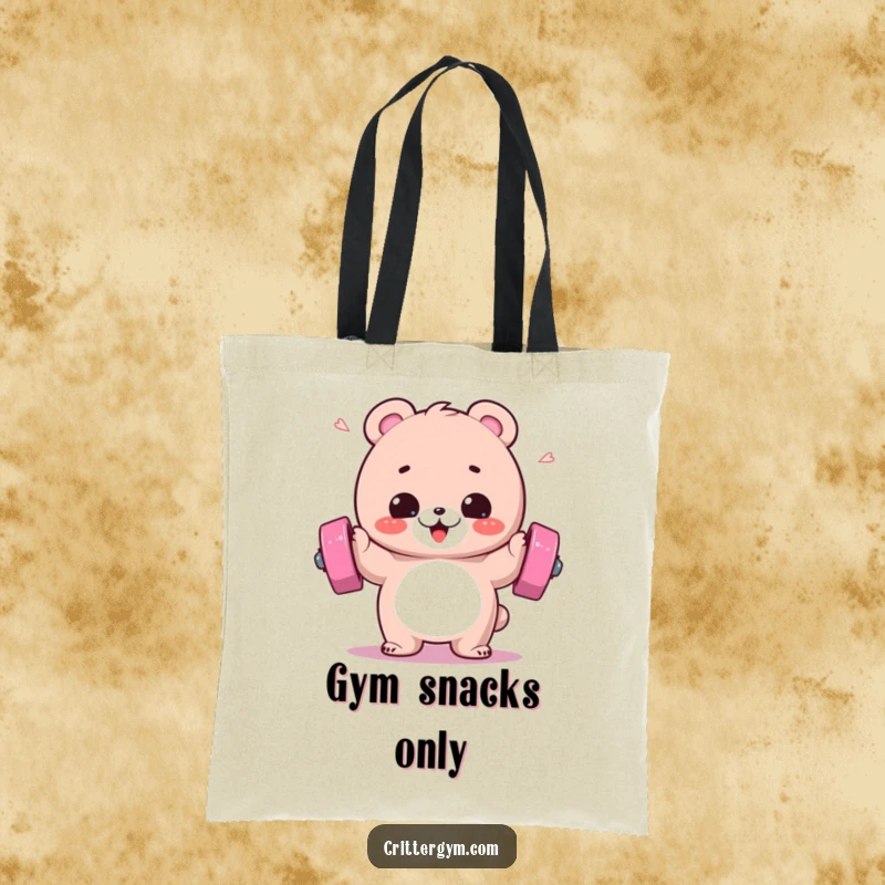 Funny tote bag with a fluffy bear gleefully lifting a barbell, sweat flying, ideal for carrying workout essentials.
