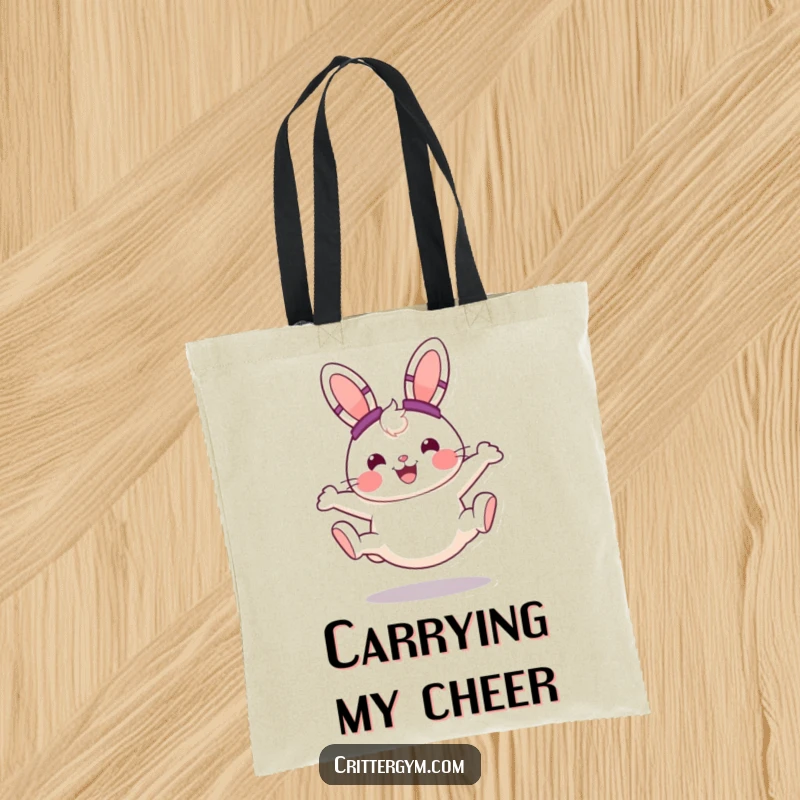 Funny cheerful bunny with tiny sweatbands, doing a cartwheel with a big smile, on a durable tote bag, an excellent funny gift.
