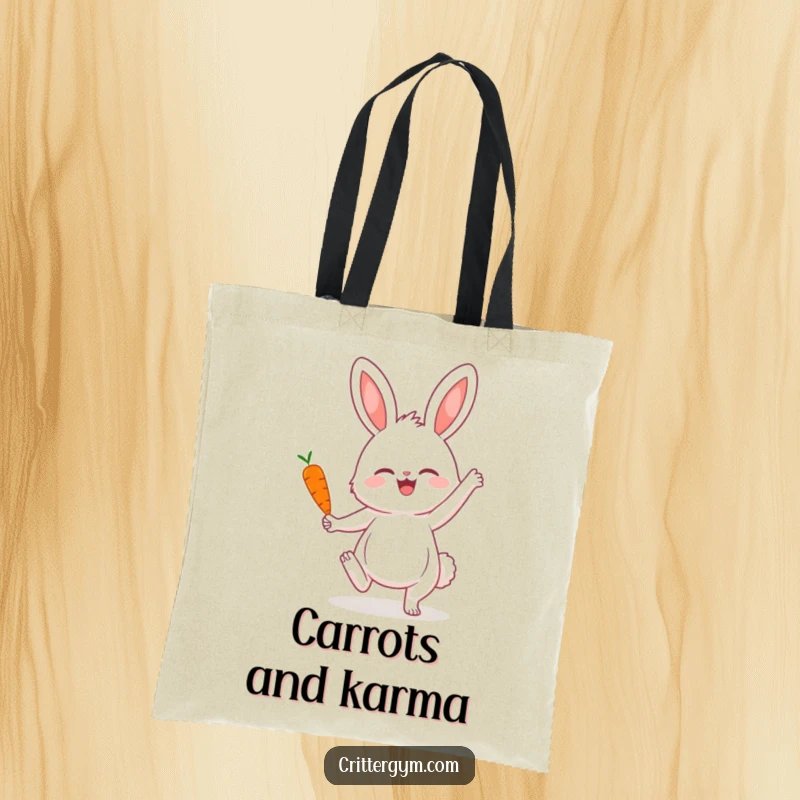 Funny tote bag featuring a fluffy bunny in a joyful yoga pose, balancing a small carrot, perfect for carrying groceries with a smile.