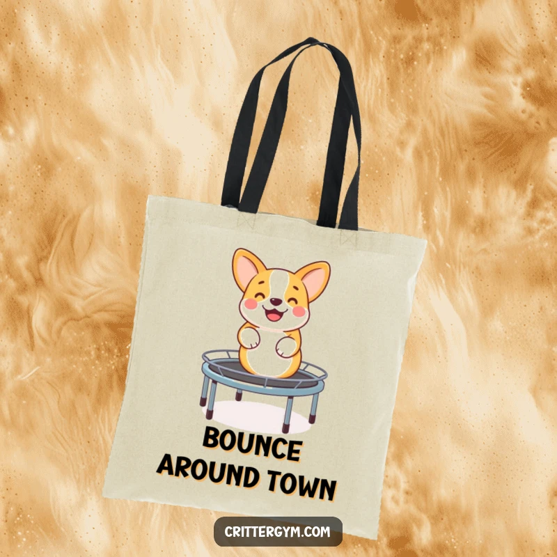 Funny tote bag featuring a happy corgi bouncing on a miniature trampoline, ideal for carrying essentials with a dose of canine cheer.