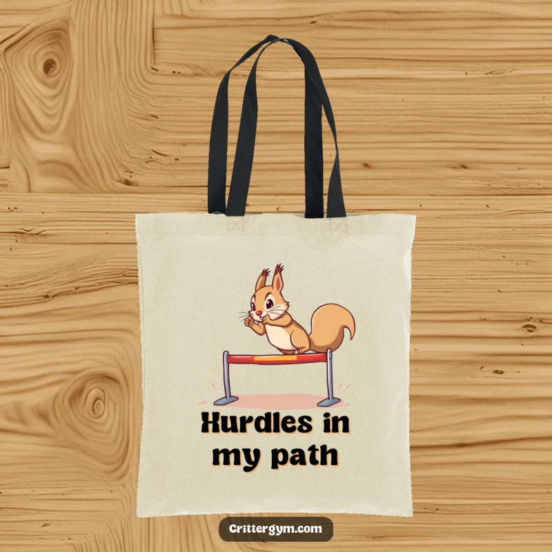 Funny determined squirrel tote bag, doing a dramatic leap over a tiny hurdle, practical and motivational, perfect funny gift.