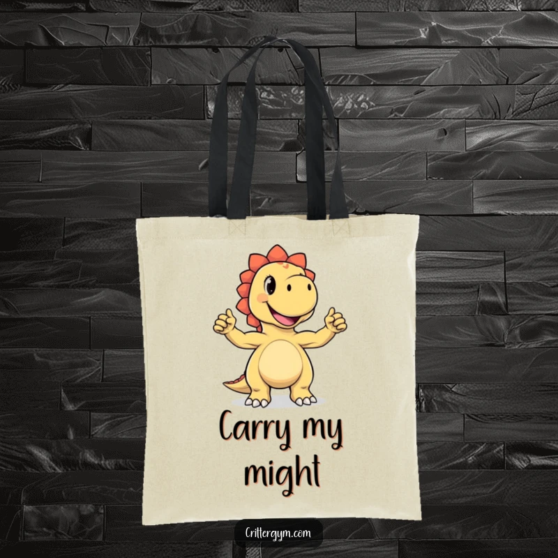 Funny tote bag featuring a joyful dinosaur character proudly flexing its incredibly tiny biceps with a huge, happy grin, ideal for carrying groceries.