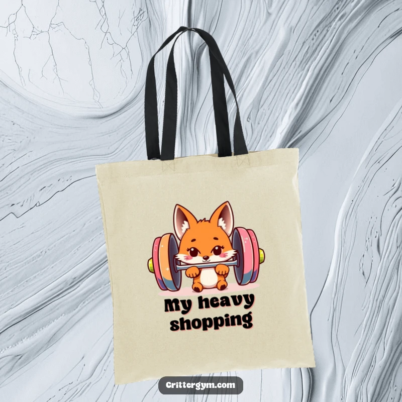 Funny fox tote bag with a curious fox peeking from behind a giant barbell, perfect for carrying gym essentials with fitness humor.