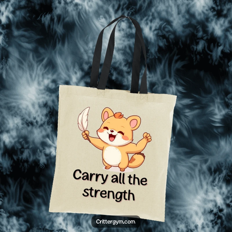 Funny Tote Bag: A small animal character joyfully flexes a tiny, muscular arm after lifting a feather, showing funny strength.
