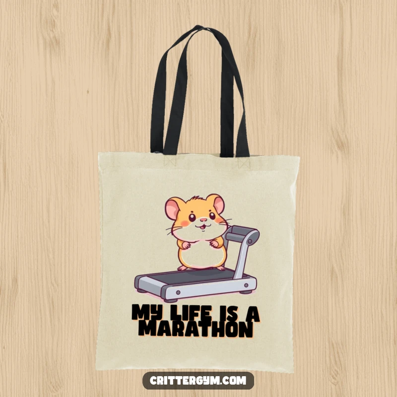 Funny hamster running on a treadmill with intense focus, featured on a durable and humorous tote bag.
