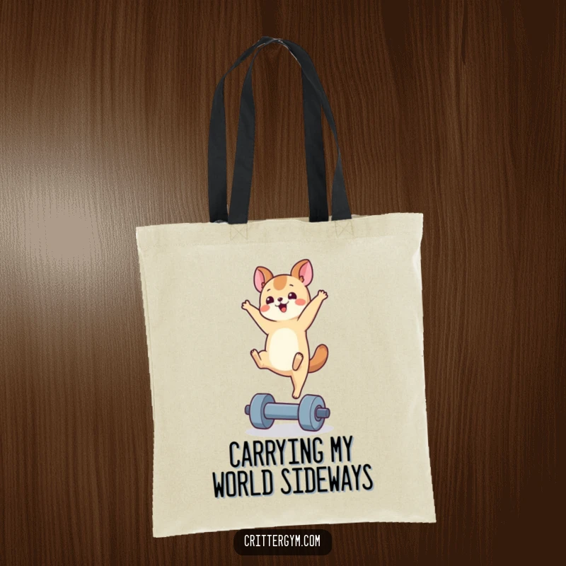 Funny handstand animal tote bag depicting a joyful critter balancing on a tiny dumbbell, great for carrying gym essentials.