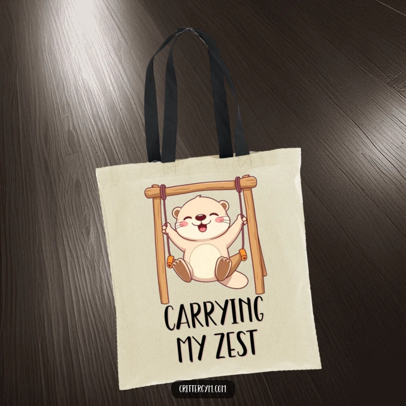 Funny tote bag with a playful otter character joyfully swinging on a miniature monkey bar, perfect for carrying essentials.