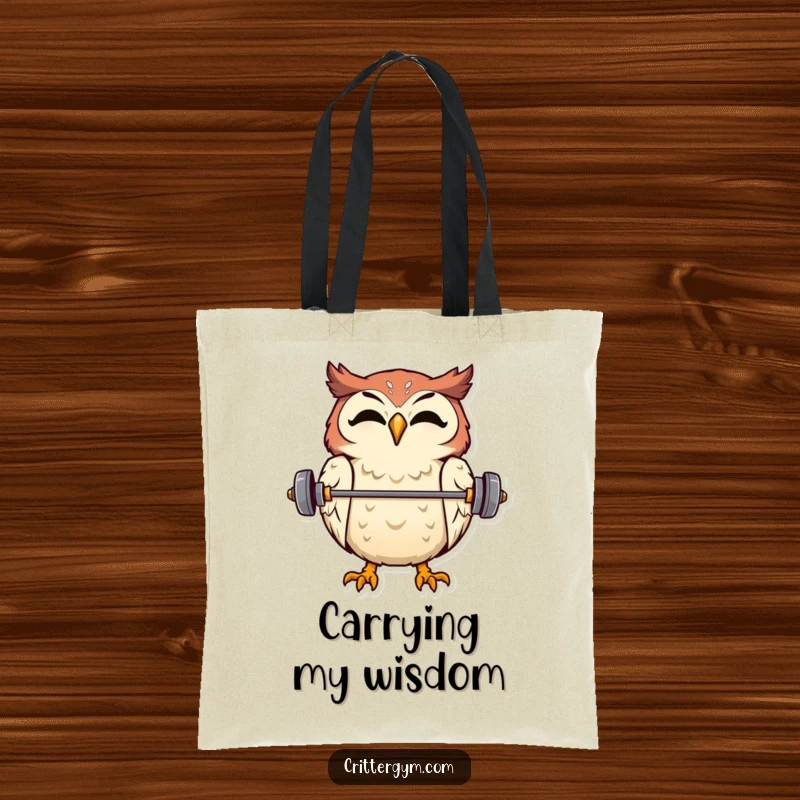 Funny tote bag featuring an overjoyed owl balancing a tiny barbell on its beak, ideal for gym or shopping.