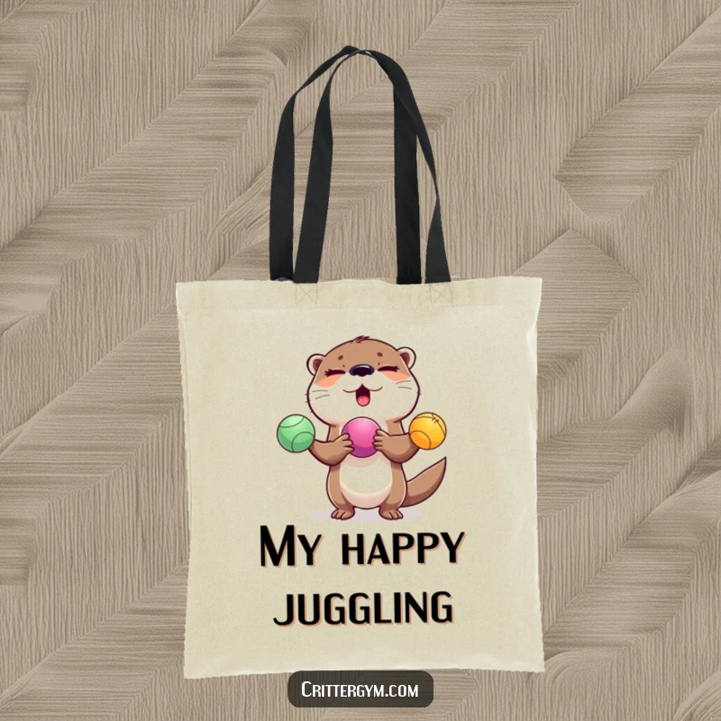 Funny winking otter juggling colorful exercise balls on a durable tote bag, a great funny gift.